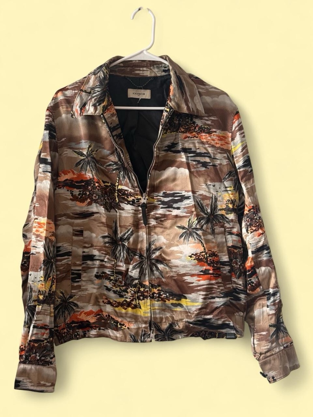 Coach Hawaiian Printed Bomber Jacket in Pink and Tan